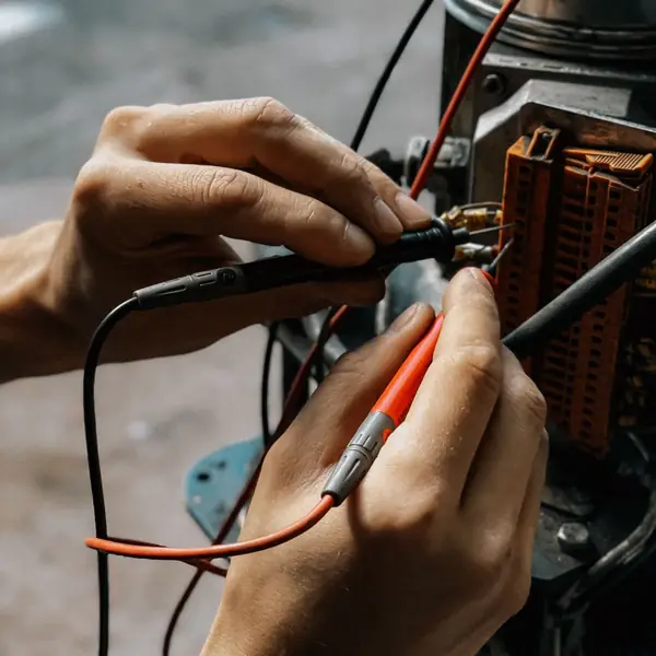 Hands testing the wiring of an appliance motor