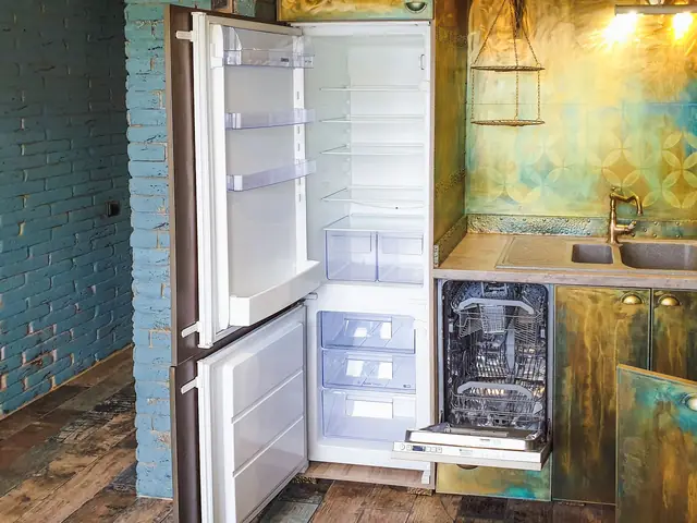 Refrigerator and freezer standing open in a kitchen